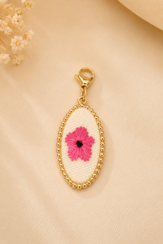 Charm Fleur brodée - Fuchsia Doré