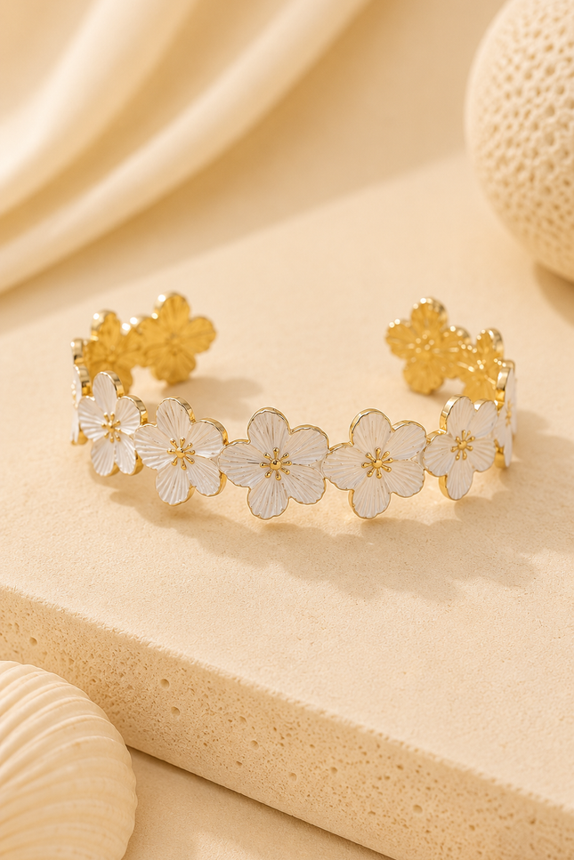 Bracelet Jonc Floral - Ecru doré
