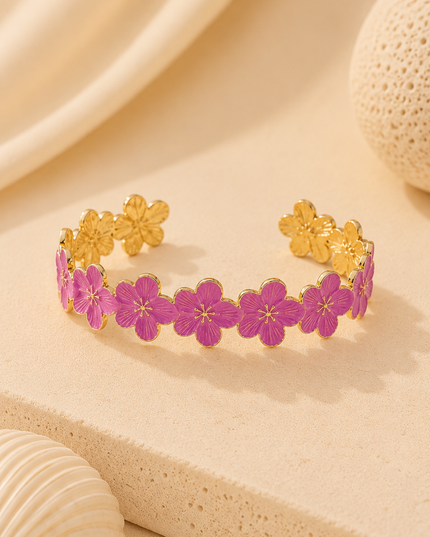 Bracelet Jonc Floral - Fuchsia doré