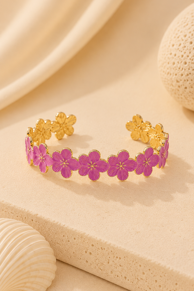 Bracelet Jonc Floral - Fuchsia doré