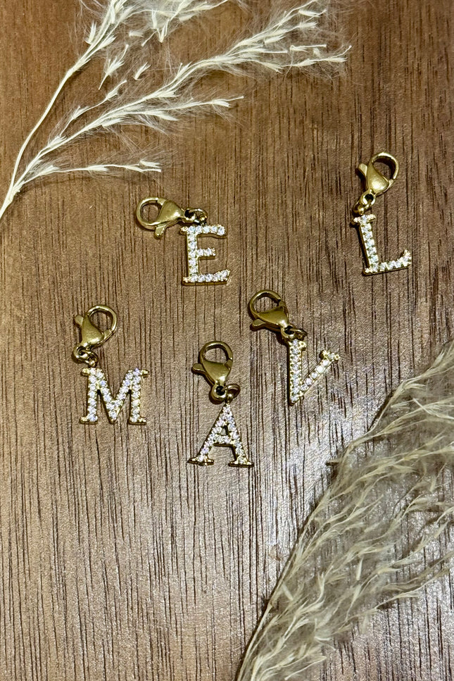 Charm Lettre Strass  - Doré 9 mm