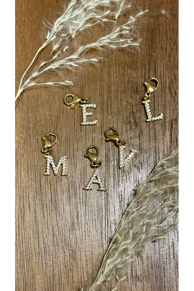 Charm Lettre Strass  - Doré 9 mm