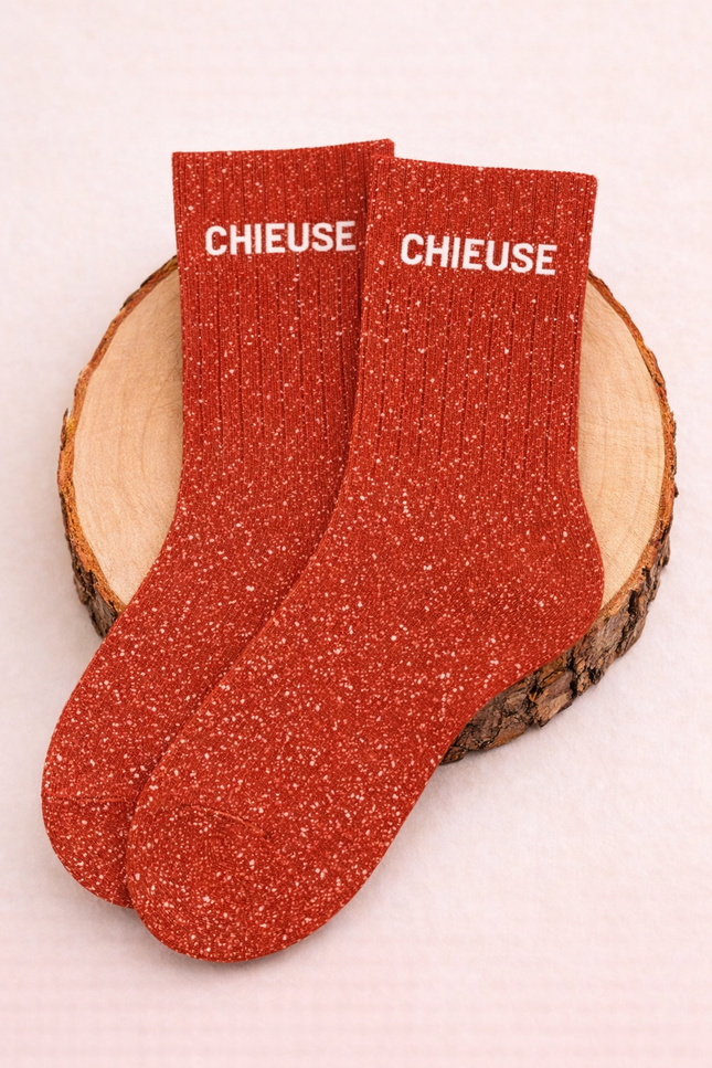 Chaussettes à paillettes - « Chieuse » Rouge